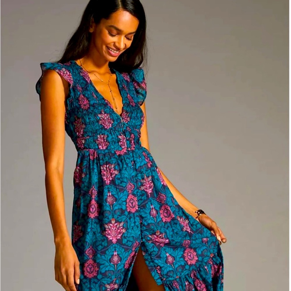 Anthropologie Ruched Floral Dress